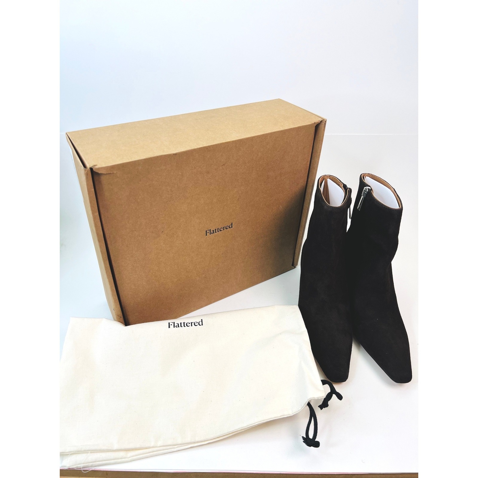 Flattered Xena Chocolate Suede Square Toe Kitten Heel Ankle Boots Eu 36 / Us 6 — image 2 of 8